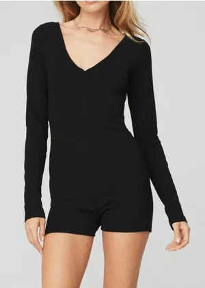 Alo Keep It Sleek Ribbed Onesie Black Zip-Up Long Sleeve Zipper Henley Romper S thumbnail 1