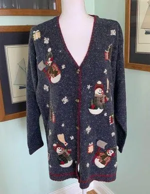Vintage VJ Woman Angora Christmas Holiday Snowman V Neck Sweater Cardigan 1X thumbnail 1