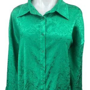 12th Tribe Green Silky Satin Floral Long Sleeve Button Down Mini Shirt Dress M thumbnail 3
