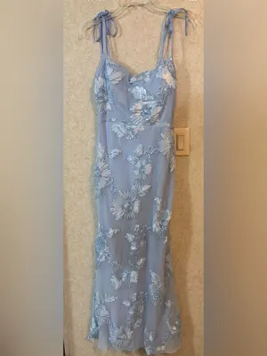 Light Blue Floral Appliqué Maxi Dress with Tie Shoulders thumbnail 2