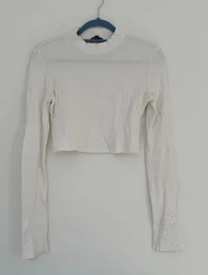 White Long-Sleeve Cropped Thermal Top thumbnail 1