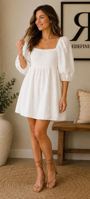 Tuckernuck‎ Dress Annie Smocked Mini Linen in White Size Large thumbnail 1