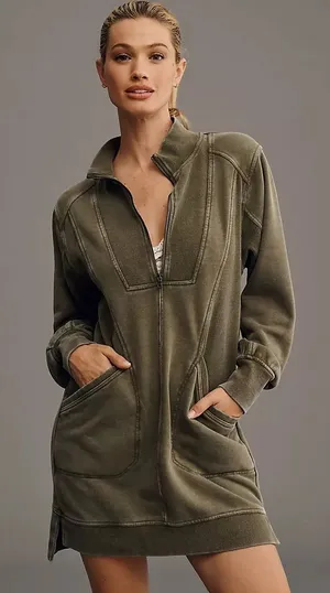 Daily Practice by Anthropologie Meru Mini Dress long sleeve olive 1/4 zip half thumbnail 1