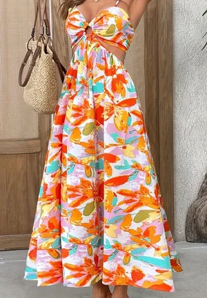 Amazon Floral Cutout Maxi Dress in Orange Multi thumbnail 1