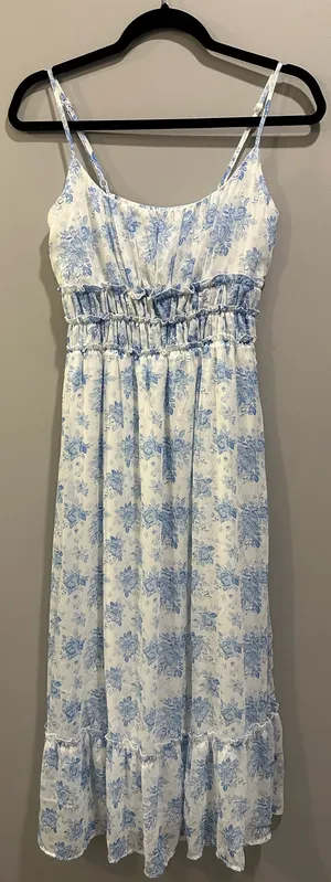 Altar’d State Floral Ruffle Bottom Midi Dress Off-White and Blue thumbnail 1