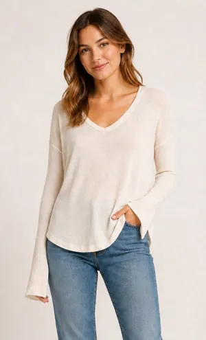 Abercrombie Cream V-Neck Flared Cuff Relaxed Long Sleeve Top S thumbnail 1
