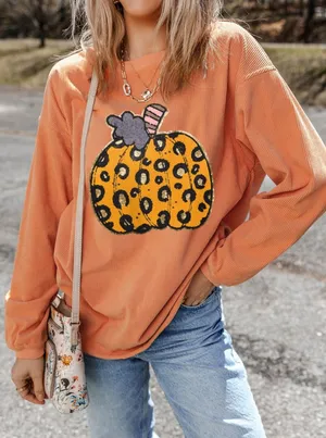 Halloween Leopard Pumpkin Patchwork Ribbed Sweatshirt thumbnail 1