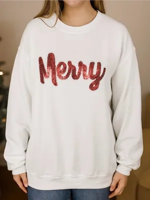 Merry Sequin Christmas Crewneck Sweater White with Red Accent size small! thumbnail 1