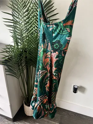 Green Paisley Slip Dress with Ruffle Hem thumbnail 3