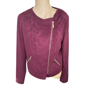 Thalia‎ Sodi Faux Suede Moto Jacket Burgundy Womens M Asymmetrical Zip thumbnail 2