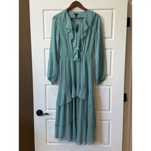 Ann Taylor Sage Blue Ruffle Tiered‎ Maxi Dress Size S Fairycore Romantic thumbnail 2