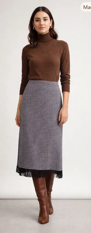Lennie For Nina Leonard Houndstooth Skirt Fringe Trim Sz Large thumbnail 1