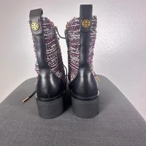 Tory Burch Miller Tweed Combat‎ Boots Purple White Leather Lug Sole 8M thumbnail 3