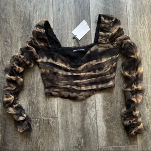 Zara CORSETRY TULLE CROP TOP Black Tan Long Sleeve Mesh Cropped Top Small NWT thumbnail 12