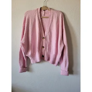 FREE PEOPLE Women’s Cardigan Pink Oversized Vneck Knit Boho Size M thumbnail 2
