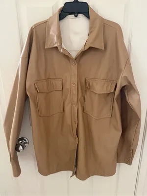 Amazon Faux Leather Button-Down Shirt Jacket in Camel thumbnail 4