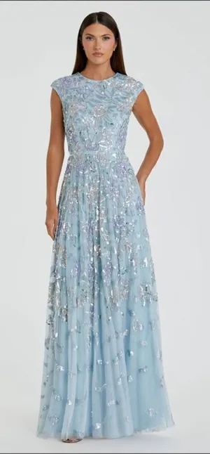 MAC DUGGAL 5647 Blue Sequined High Neck Cap Sleeve A Line Gown thumbnail 1