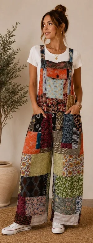 NWT Ashley Taylor Patchwork Colorful Bohemian Adjustable Overalls One Size Red thumbnail 1
