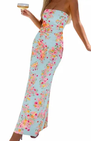 Boutique Light Blue Floral Strapless Maxi Dress thumbnail 1