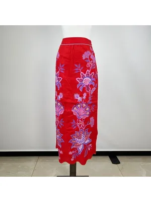 NWOT Farm Rio Red Porcelain Garden Scalloped Linen Midi Skirt Size XS thumbnail 3