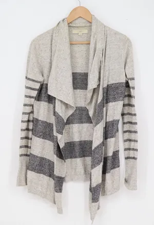Ann Taylor Loft Womens Grey Striped Cotton Open Front Draped Cardigan Sweater S thumbnail 1