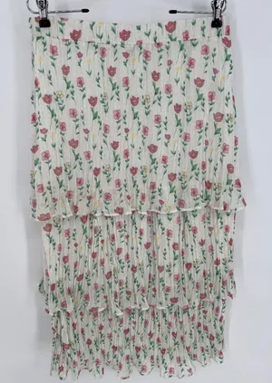 UMGEE Floral Tiered Maxi Skirt Women L White Pink Pleated Lined Chiffon‎ Cottage thumbnail 1