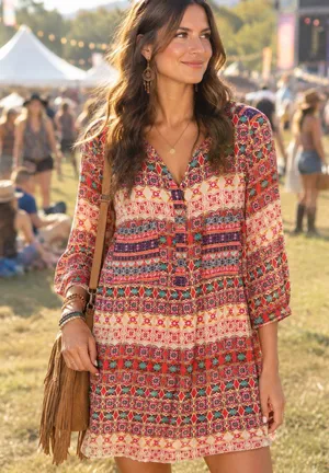Anthro Fig & Flower Colorful Boho Festival Print Lightweight Tunic Dress thumbnail 1