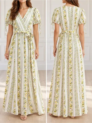 Gal Meets Glam Imogene Maxi Dress Sz 4 Yellow Floral Stripe Wrap Puff Sleeve GMG thumbnail 10