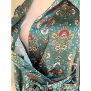 Green Floral Satin Tiered‎ Wrap Mini Dress S Boho whimsi flowy cottage fairy red thumbnail 5