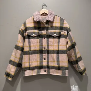 Urban Outfitters Green Yellow Cream Plaid Sherpa Collar Trucker Jacket‎ Sz Small thumbnail 1