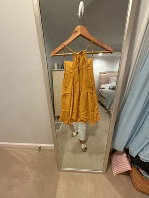 Alya Mustard Yellow Embroidered Lace Halter Strap Mini Dress Size XS thumbnail 5