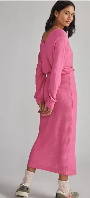 Anthropologie Daily Practice Pink Ribbed Barre Midi V-Neck Dress Size Large‎ NWT thumbnail 1