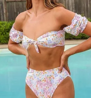 LULU’S Poolside To Side Ivory Floral Print Tie Front Bikini Top thumbnail 1
