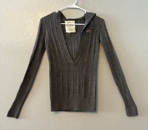 Hollister Y2K dark gray long sleeve hooded cable knit deep v-neck sweater small thumbnail 1