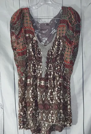 Boho Mixed Print Tunic Peasant Top With Lace Detail thumbnail 1