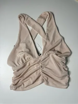 Forever 21 Beige Ruched Halter Cross-Back Crop Top thumbnail 3