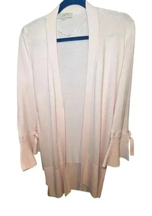 Ann Taylor LOFT Pink Silk Blend Cardigan Small Open Front Bell Sleeve Wrist Tie‎ thumbnail 1