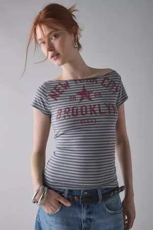 Urban Outfitters Black & Grey Striped New York Slash Neck Tee thumbnail 1