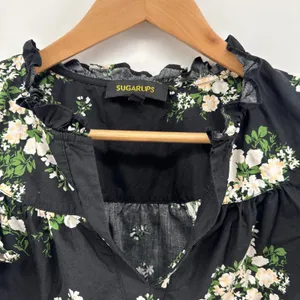 Sugarlips Black Emery Floral‎ Split Neck Ruffle Sleeve Cotton Top Medium Womens thumbnail 6