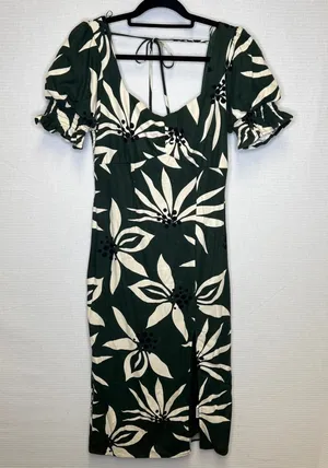 Francescas Forest Green Tropical Floral Linen Blend Puff Sleeve Midi Dress M thumbnail 1