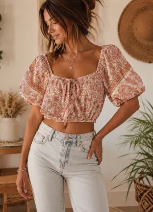 By The River Boho Cottage Core Floral Puff Sleeve Crop Top Pink Tan Small thumbnail 1