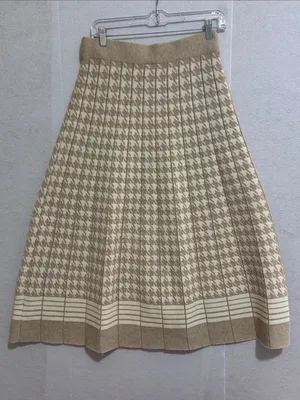 Luna Fall Autumn Beige Houndstooth Pleated A-Line Skirt thumbnail 5