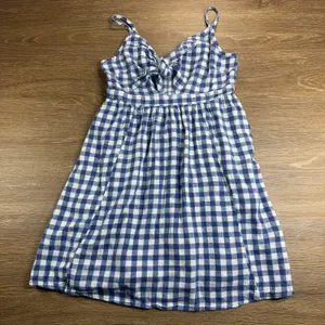 Old Navy Fit Flare Dress Women S Blue Gingham Linen Blend Tie Front Mini Coastal thumbnail 2