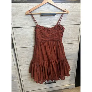 Altar'd State Floral Burnout Ruched Tiered Mini Dress Rust Brown XS thumbnail 3