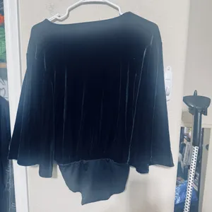 Zara Black Velvet Velour Bell Sleeve Bodysuit Size S silver buttons goth glam thumbnail 5
