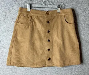 EXPRESS Skirt Womens 2 Faux Suede Mini Exposed Button‎ A Line Light Tan Beige thumbnail 1