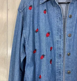 Mary Jane Lady Bug Beetle Embroidered Button Down Chambray Overshirt sz S Small thumbnail 8