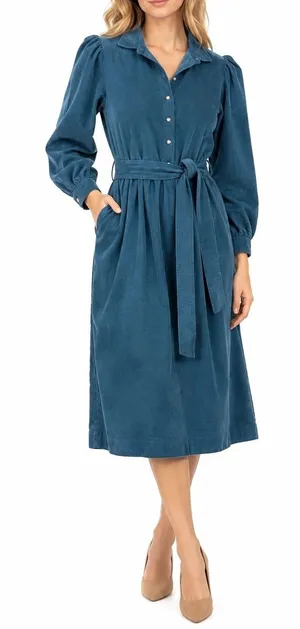 Gull Island Vintage Blue Corduroy Belted Shirt Dress Size 8 Puff Sleeve Midi thumbnail 1