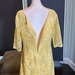 Women’s Yellow Lace Full Length Dress Mother of the Bride Small Train Zip Size L thumbnail 7