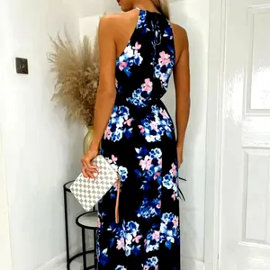 Floral Halter Neck Split Maxi Dress In Navy By Miss Floral L thumbnail 5